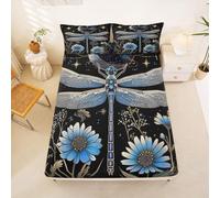Homewish Flying Dragonfly Fitted Sheet Double Sun and Moon Bed Sheets Blue Daisy Floral Bedding Set for Kids Boys Girls,Garden Flower Bed Cover 3 Pcs