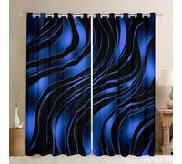 Homewish Funky Geometric Window Curtains 52 x 90 Inch 2 Panel Sets - Blue Black Wavy Lines Blackout Curtains Geometric Art Window Treatments Drapes Minimalist Stripe for Bedroom