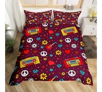 Homewish Funky Wildflower Duvet Cover Set Vintage Guitar Radio Girl Cot Bedding Set, Peace Sign Quilt Cover Retro 60S 70S Groovy Flower Rustic Floral Bed Sets