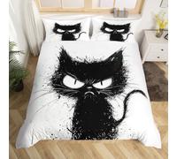 Homewish Funny Black Cat Duvet Cover,Angry Kitten Bedding,Cartoon Gothic Pet Bed Set,Cat Lovers Quilt Cover Double,3pcs,Fun Kids Goth Cat Bedding Set,Black and White