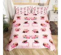 Homewish Funny Pug Bedding Sets Double Cute Dog Comforter Cover, Animal Pet Themed Bed Set Girls Pink Duvet Cover, Kawaii Cartoon Puppy Quilt Cover with 2 Pillow Case Luxurious Room Decor