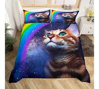Homewish Galaxy Cat Duvet Cover Set Double Size Rainbow Printed Bedding Set Animal Theme Comforter Cover For Kids Youth Boys Girls Room Decor Starry Sky Quilt Cover And 2 Pillowcases, Multi 11