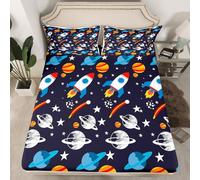 Homewish Galaxy Rocket Double Fitted Sheet Universe Outer Space Bed Sheets Deep Pocket 16 inch (40 cm),Interstellar Plants Bedding Set Cartoon Bed Cover with 2 Pillowcases