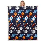 Homewish Galaxy Rocket Fleece Blanket Queen 229x229cm Universe Outer Space Warm Plush Sherpa Blanket Interstellar Plants Fuzzy Plush Throw Cartoon for Bed Sofa Couch