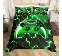 Homewish Gamer Bedding Set Gaming Double Duvet Cover Sets Teenage Boys 3D Game Console Duvet Set, Geometric Neon Light Honeycomb Comforter Cover, Green Black Bedding for Boys Bedroom Decor
