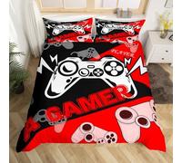 Homewish Gamer Duvet Cover For Boys&girls Double,Gaming Bedding Set Kids Teens Youth Room Decor Video Game Comforter Cover,Reversible Red Black Gamepad Quilt Aesthetic Bed 2 Pillow Cases, Multi 17