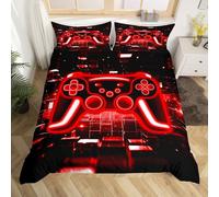 Homewish Gamer Duvet Cover Set Gaming Double Size Bedding Sets - Neon Lights Game Boy Games Comforter Cover Red Brick Cube Bed Set - Gaming Room Decor