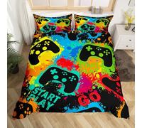 Homewish Gamer Gamepad Printed Boys Games Room Decor Comforter Cover Set,Watercolor Tie Dye Bedding Set For Kids Teen Girls Gaming Theme Duvet Cover,Modern Cartoon Controller Bedspread,King Size