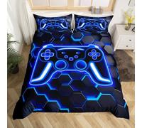 Homewish Gaming Duvet Cover Set Neon Honeycomb Gamer King Bedding Sets - Retro Game Console Comforter Cover Blue Hexagon Lights Bed Sets - Gamer Room Decor for Boys