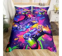 Homewish Gaming Single Bedding Sets Colorful Purple, Reversible Gamepad Kids Duvet Cover Set for Boys Girls Teens, Graffiti Style Quilt Cover, Abstract Gamer Bed Set With 1 Pillowcase, Microfibre