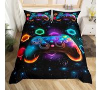 Homewish Gaming Super King Size Duvet Cover Sets 3 Pieces, Reversible Colorful Gamer Gamepad Kids Bedding Sets for Boys Girls Teens, Neon Rainbow Honeycombs Print Quilt Cover, Galaxy Bed Set