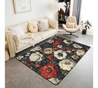 Homewish Garden Floral Area Rug 150x200 cm Red White Peony Flowers Carpet Groovy Flower Floral Indoor Floor Mat Farmhouse Vintage Butterfly Decorative Washable Rug,Red White Black