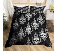 Homewish Gary Damask Duvet Cover for Adults Victorian Extoic Bedding Set Double Gothic Skull Stone Comforter Cover for Kids Woman Men Vintage Bone Skeleton Bed Cover,Black