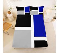 Homewish Geometric Abstract Bedding Set Double Simple Stripes Patchwork Fitted Sheet Blue Black Gray Bed Sheets for Kids Teens Girls,Modern Aesthetic Square Bed Cover 3 Pcs