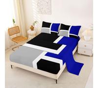 Homewish Geometric Abstract Bedding Set Single Simple Stripes Patchwork Bed Sheets Blue Black Gray Sheet Set - Modern Aesthetic Square Fitted Top Sheets 3 Piece