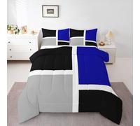 Homewish Geometric Abstract Single Bedding Set - Simple Stripes Patchwork Duvet Set Blue Black Gray Quilt Set - Modern Aesthetic Square Coverless Duvet