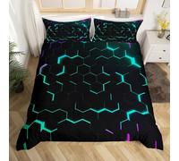Homewish Geometric Black Bedding for Kids Adults, Neon Teal Purple Pink Comforter Cover Rainbow Gradient Honeycomb Bedding Sets Technological Microfibre Duvet Cover Double Size 3 Pieces