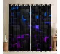 Homewish Geometric Checkered Window Curtains 2 Panel Sets 46 x 54 Inch, Modern Cube Design Blackout Curtains for Bedroom Living Room, Purple And Blue Grid Print Window Treatments Drapes