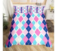 Homewish Geometric Diamond Cot Size Duvet Cover Set - Blue Pink Purple Patchwork Design Bedding with 1 Pillowcase - Classic Diamond Pattern Microfiber Quilt Cover Stylish Art Deco Bed Sets