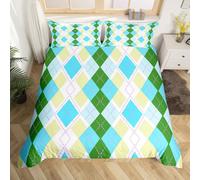 Homewish Geometric Diamond Double Duvet Cover Set - Blue Green Diamond Patchwork Design Bedding Set with Grey Reverse - Stylish Classic Microfiber Quilt Cover Chic Room Decor Bed Sets 3 Piece