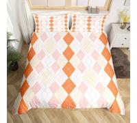 Homewish Geometric Diamond Single Duvet Cover Set - Orange Pink White Patchwork Design Bedding with 1 Pillowcase - Classic Diamond Pattern Microfiber Quilt Cover Stylish Art Deco Bed Sets