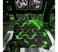 Homewish Geometric Duvet Cover Single Size,Teen Boys Green Black Neon Light Honeycomb Bedding Sets, Hexagon Comforter Modern Fashion Bedspread 1 Pillow Case Home Room Decor