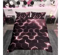 Homewish Geometric Duvet Cover Single with 1 Pillowcase, Neon Glitter Honeycomb Decor Bedding Set Modern Hexagon Theme Comforter Cover Luxury Reversible Bed Set, Blush Pink Black