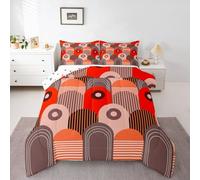 Homewish Geometric King Bedding Set - Boho Duvet Set Circle Modern Mid Century Quilt Set - Bohemia Stripe Retro Red Coverless Duvet with 2 Pillowcases