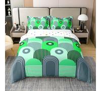 Homewish Geometric Single Bedding Sets with 1 Pillowcase - Boho Cotton Duvet Cover Retro Circle Bohemia Stripe Quilt Cover Mid Century Modern Green Bed Set