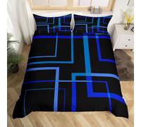Homewish Geometric Square Bedding Single Black and Navy Blue Duvet Cover, Modern Abstract Bed Set Contemporary Rectangle Comforter Cover, Mid Century Lines Quilt Cover for Boys Girls
