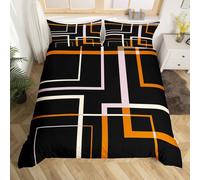 Homewish Geometric Square Bedding Single Black and Orange Duvet Cover, Modern Abstract Bed Set Contemporary Rectangle Comforter Cover, Minimalism Lines Quilt Cover for Boys Girls