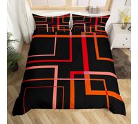 Homewish Geometric Square Bedding Single Black and Red Orange Duvet Cover, Modern Abstract Bed Set Contemporary Rectangle Comforter Cover, Mid Century Lines Quilt Cover for Boys Girls