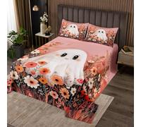 Homewish Ghost Bedspread Double Halloween Quilt Set Spooky Pink Flowers Daisy Girls Princess Kawaii Floral Coverlet Set,Kids Romantic Cartoon Warm Soft Bedclothes Bedding Quilted