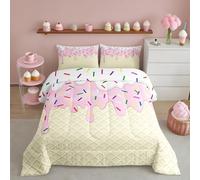 Homewish Girls Ice Cream Twin Size Comforter Set,Kids Pink White Cream Cake Decor All Season Bedding Set,Teens Colorful Candy Comforter,Children Desserts Decor Quilt Set Bedroom Collection 2Pcs