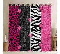 Homewish Girls Leopard Print Blackout Curtains, Pink Stars Glitter Window Curtains 2 Panel Sets 46 x 72 Inch Galaxy Girly Window Treatments Drapes Decor For Teens Adult, Cheetah Wildlife Fur Decor