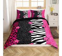 Homewish Girls Leopard Print Super King Duvet Cover, Pink Stars Glitter Bedding Set Galaxy Girly Quilt Cover For Teens Adult Youth, Cheetah Wildlife Fur Bed Set For Bedroom Decor, Lightweight
