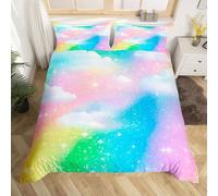 Homewish Girls Ombre Rainbow Cot Duvet Cover Set Colorful Glitter Starry Sky Bedding Gradient Tie Dye Cloud Quilt Cover For Kids Teens Women, Shiny Watercolor Pastel Bed Sets