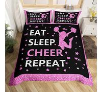 Homewish Girls Pink Black Cheerleading Single Bedding Set,Eat Sleep Cheer Comforter Cover for Cheerleaders,Glitter Sequins Love Hearts Stars Duvet Cover Cheering Team Bed Set with 1 Pillow Case