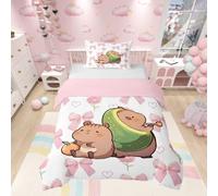 Homewish Girls Pink Bow Single Duvet Cover Set Kids Kawaii Capybara Bedding - Cute Avocado Capybara Animal Quilt Cover Princess Style Bowknot Flower Bed Set with Pink Reverse - 1 Pillowcase