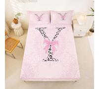 Homewish Girly Pink Bowknot Bed Sheets Double Aesthetic Leopard Initial Y Fitted Sheet Coquette Cheetah Ribbon Bow Bedding Set,Cute Princess Floral Bowtie Bed Cover 3 Pcs