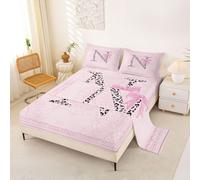 Homewish Girly Pink Bowknot Bed Sheets Double Coquette Leopard Initial N Sheet Set Stylish Animal Print Ribbon Bow Bedding Set - Simple Elegant Floral Bowtie Fitted Flat Sheets 4 Piece