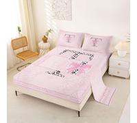 Homewish Girly Pink Bowknot Bed Sheets Single Aesthetic Leopard Initial T Sheet Set Coquette Cheetah Ribbon Bow Bedding Set - Cute Princess Floral Bowtie Fitted Flat Sheets 3 Piece