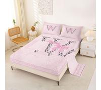 Homewish Girly Pink Bowknot Bed Sheets Single Aesthetic Leopard Initial W Sheet Set Coquette Cheetah Ribbon Bow Bedding Set - Cute Princess Floral Bowtie Fitted Flat Sheets 3 Piece