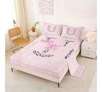 Homewish Girly Pink Bowknot Bedding Set Double Aesthetic Leopard Initial U Bed Sheets Coquette Cheetah Ribbon Bow Sheet Set - Cute Princess Floral Bowtie Fitted Top Sheets 4 Piece