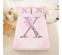 Homewish Girly Pink Bowknot Bedding Set Double Aesthetic Leopard Initial X Fitted Sheet Coquette Cheetah Ribbon Bow Bed Sheets,Cute Princess Floral Bowtie Bed Cover 3 Pcs