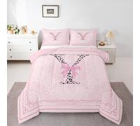 Homewish Girly Pink Bowknot Double Comforter - Aesthetic Leopard Initial Y Bedding Set Coquette Cheetah Ribbon Bow Duvet Set - Cute Princess Floral Bowtie Coverless Duvet