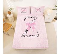 Homewish Girly Pink Bowknot Fitted Sheet King Aesthetic Leopard Initial Z Bed Sheets Coquette Cheetah Ribbon Bow Bedding Set,Cute Princess Floral Bowtie Bed Cover 3 Pcs