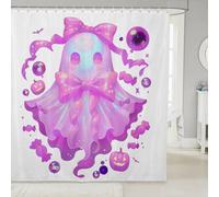 Homewish Girly Pink Halloween Shower Curtain 72" W x 78" L - Cartoon Ghost Decor Waterproof Bathroom Curtains Dreamy Bowknot Bath Curtain Cute Pumpkin Lights Bathroom Accessories