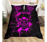 Homewish Goth Skull Duvet Cover King For Kids Teens Adults,Pink Black Bedding Set,Neon Sugar Skull Quilt Cover,Halloween Gothic Bed Set with 2 Pillowcases Bedroom Decor