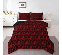 Homewish Gothic Black Cat Red Damask Single Bedding Set - for Child Boys | Victorian Duvet Set Goth Vintage Floral Quilt Set - Coverless Duvet